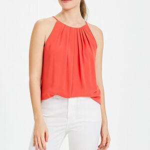 ROBERT RODRIGUEZ Halter Orange Sleeveless Top 8 Semi Shear Pleated Tie Knot Back